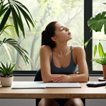 **

An editor calmly practicing deep breathing exercises at their desk, with a serene expression. Soft, natural lighting and a background featuring calming elements like plants or a nature scene. The overall mood should be peaceful and focused.

**