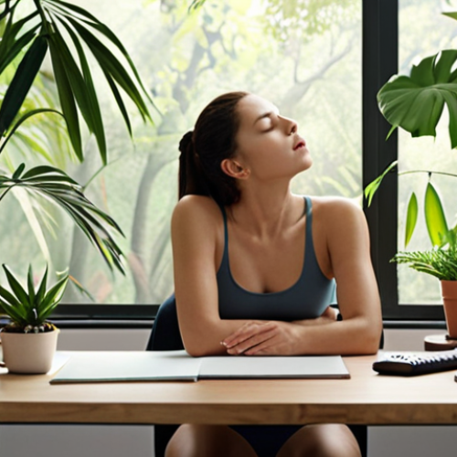 Home 4 **
An editor calmly practicing deep breathing exercises at their desk, with a serene expression. Soft, natural lighting and a background featuring calming elements like plants or a nature scene. The overall mood should be peaceful and focused.
**