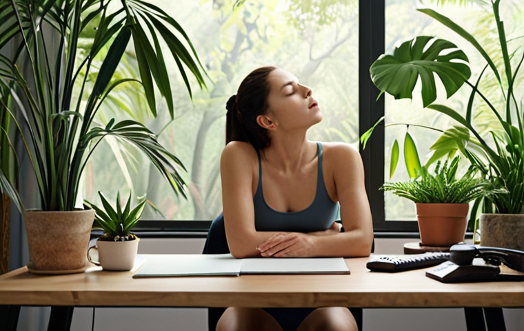 **

An editor calmly practicing deep breathing exercises at their desk, with a serene expression. Soft, natural lighting and a background featuring calming elements like plants or a nature scene. The overall mood should be peaceful and focused.

**