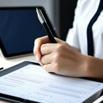 A professional content editor, adult, fully clothed in a modest business casual outfit, sitting at a clean, organized desk in a modern, brightly lit office. They are reviewing a digital document on a tablet, with a traditional notebook and pen nearby, symbolizing the blend of technology and human meticulousness. The pose is natural, showcasing perfect anatomy and correct proportions. Well-formed hands are gently interacting with the tablet screen. The background is blurred, emphasizing the subject. The atmosphere is calm and productive. High-quality professional photography, natural lighting, sharp focus. safe for work, appropriate content, fully clothed, professional, modest, family-friendly.