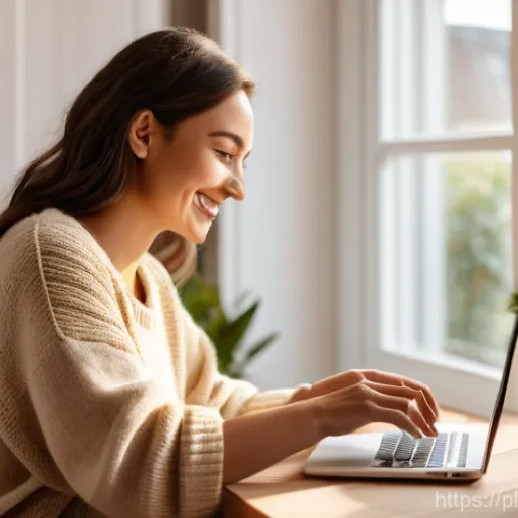 편집 품질을 위한 체크포인트 설정하기 - A warm and inviting scene featuring a female blogger in her cozy Polish home office. She is smiling ...