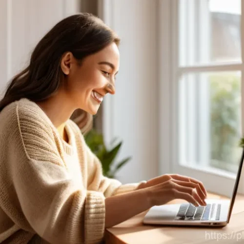 Home 29 편집 품질을 위한 체크포인트 설정하기 - A warm and inviting scene featuring a female blogger in her cozy Polish home office. She is smiling ...